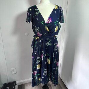 DKNY Floral-Print Flutter-Sleeve Asymmetrical Faux-Wrap Dress